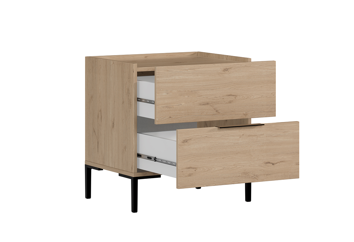 Απεικονίζεται το κομοδίνο με τα συρτάρια του ανοιχτά.